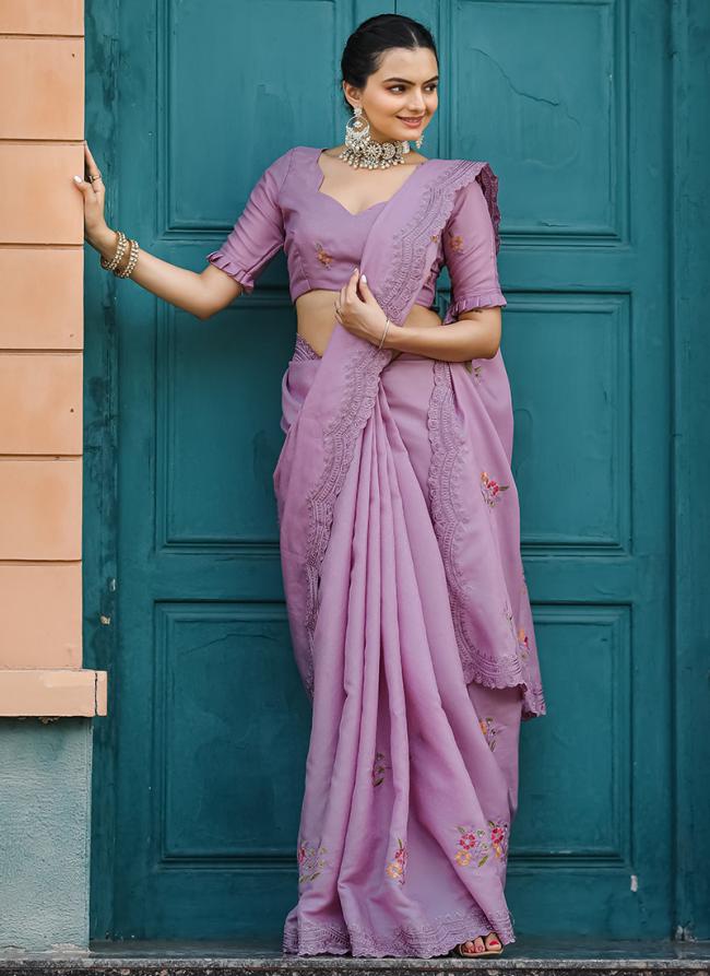 Tussar Cotton Lilac Party Wear Sequins Work Saree